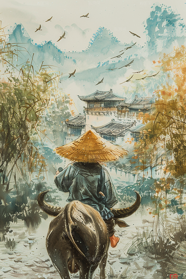 牧童骑牛笛声悠悠吹笛插画