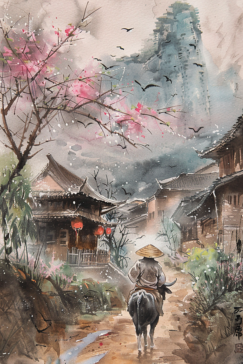 牧童骑牛清明节艺术插画