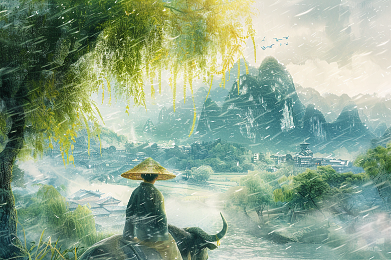 牧童骑牛清新吹笛插画