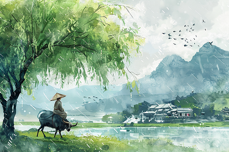 牧童骑牛水彩吹笛插画