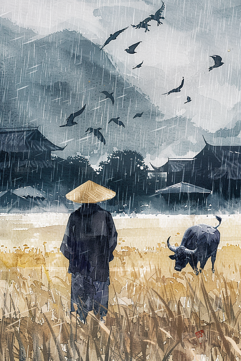 牧童骑牛田园风光水彩插画