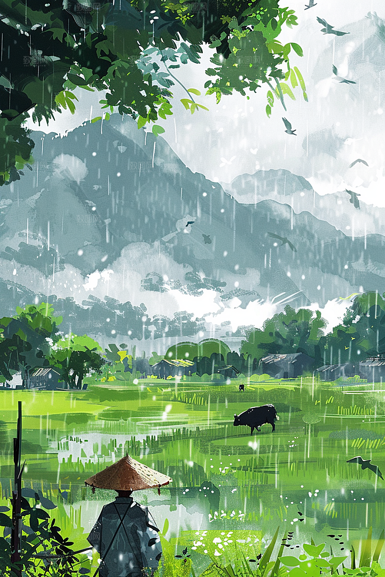 牧童骑牛田园风光艺术插画