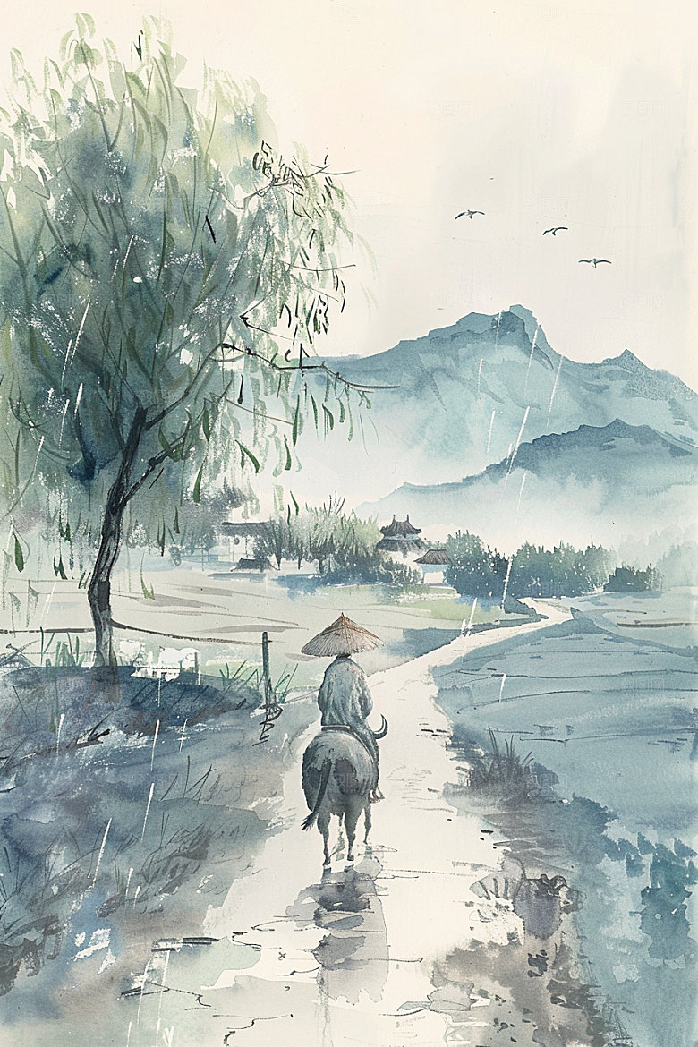 牧童骑牛清明节水彩插画