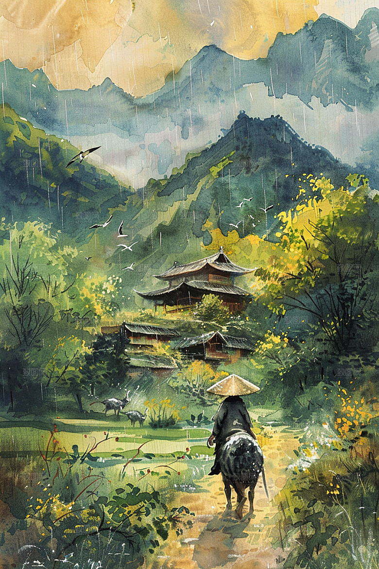 牧童骑牛吹笛晕染插画