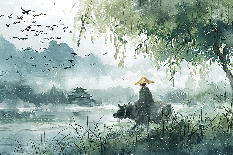 牧童骑牛晕染吹笛插画