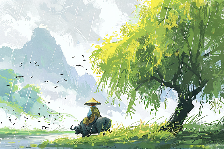 牧童骑牛清明节清新插画