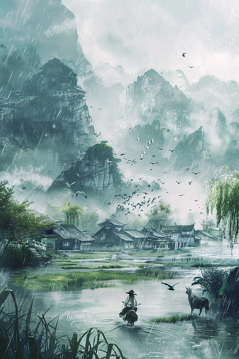 牧童骑牛晕染田园风光插画