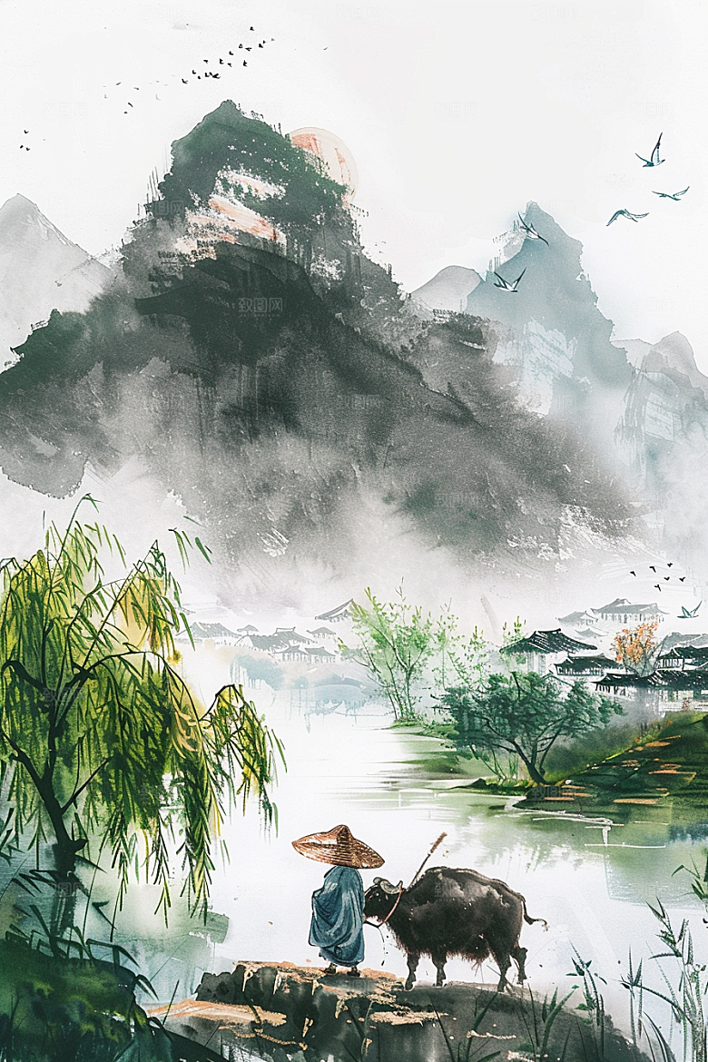 牧童骑牛艺术吹笛插画