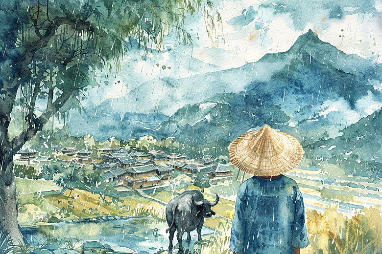 牧童骑牛清明节吹笛插画