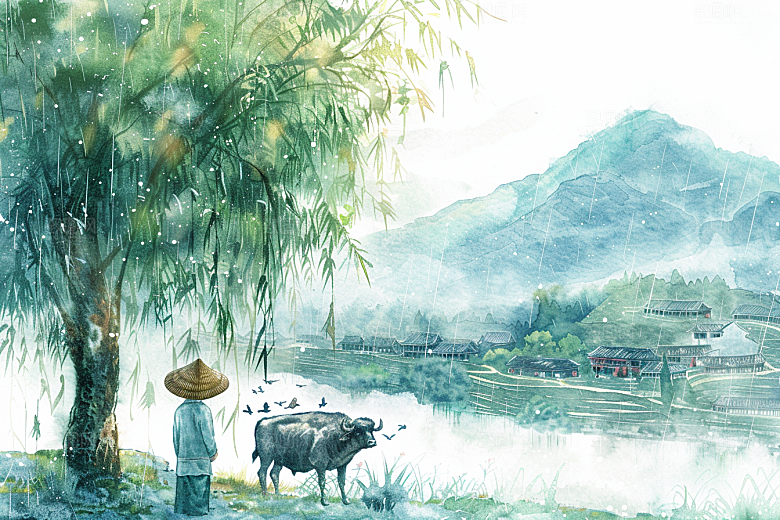 牧童骑牛手绘吹笛插画