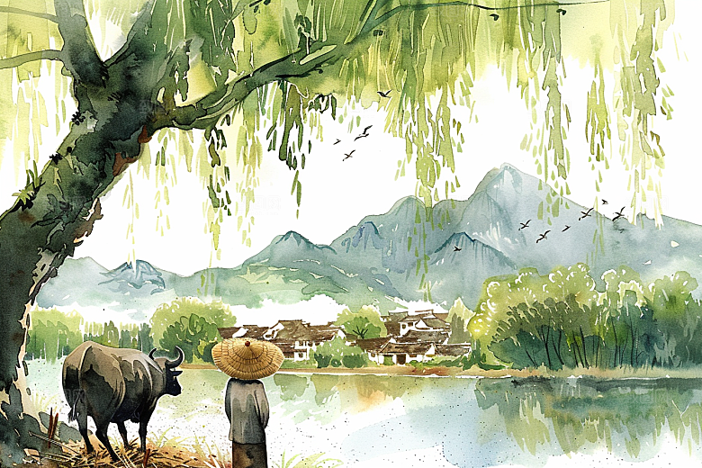 牧童骑牛高清笛声悠悠插画