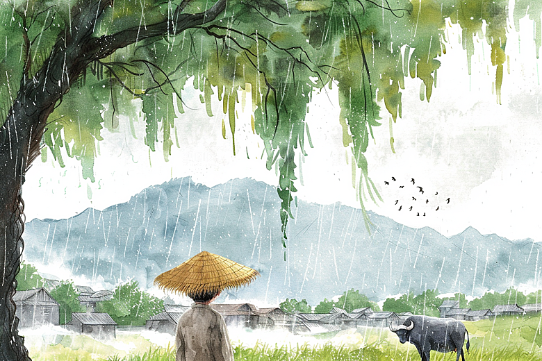 牧童骑牛手绘清新插画