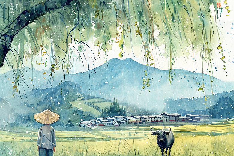 牧童骑牛晕染水彩插画