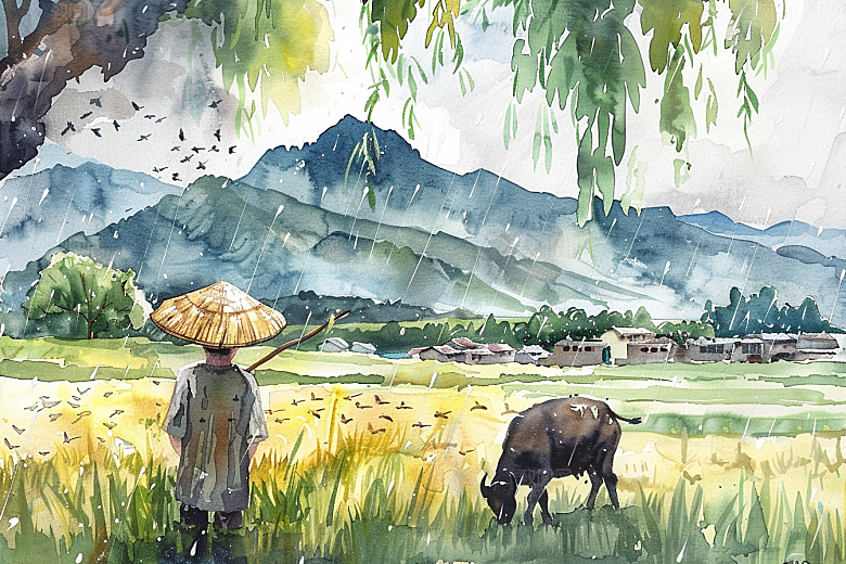 牧童骑牛艺术手绘插画