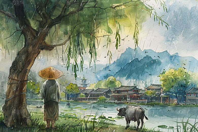 牧童骑牛艺术吹笛插画