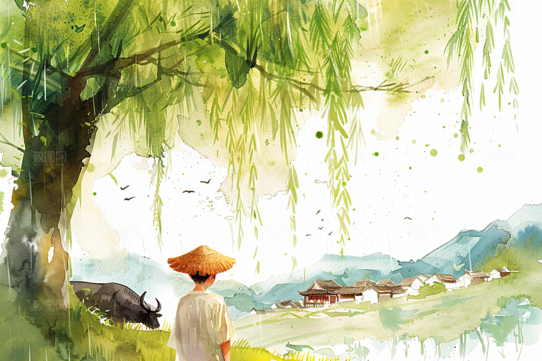 牧童骑牛水彩清新插画