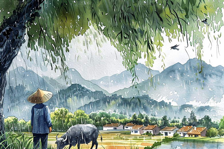 牧童骑牛田园风光清新插画