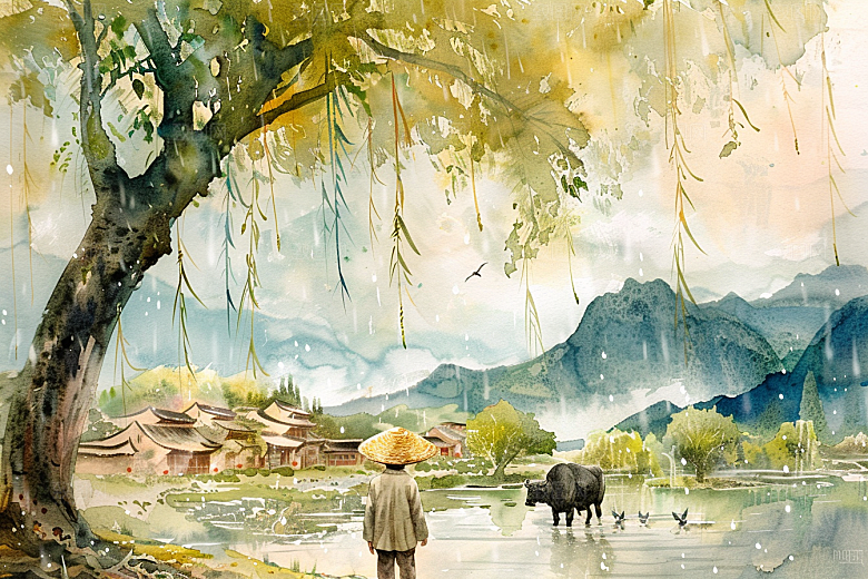 牧童骑牛水彩吹笛插画