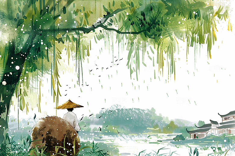 牧童骑牛清新手绘插画