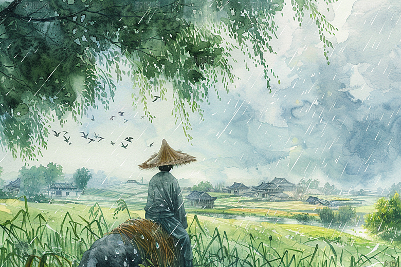 牧童骑牛吹笛水彩插画