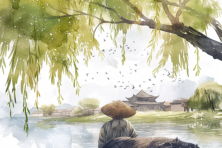 牧童骑牛笛声悠悠手绘插画