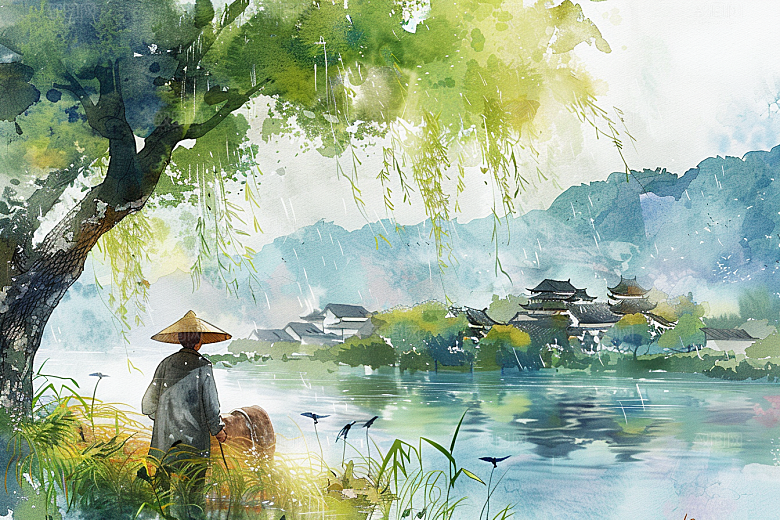 牧童骑牛艺术田园风光插画