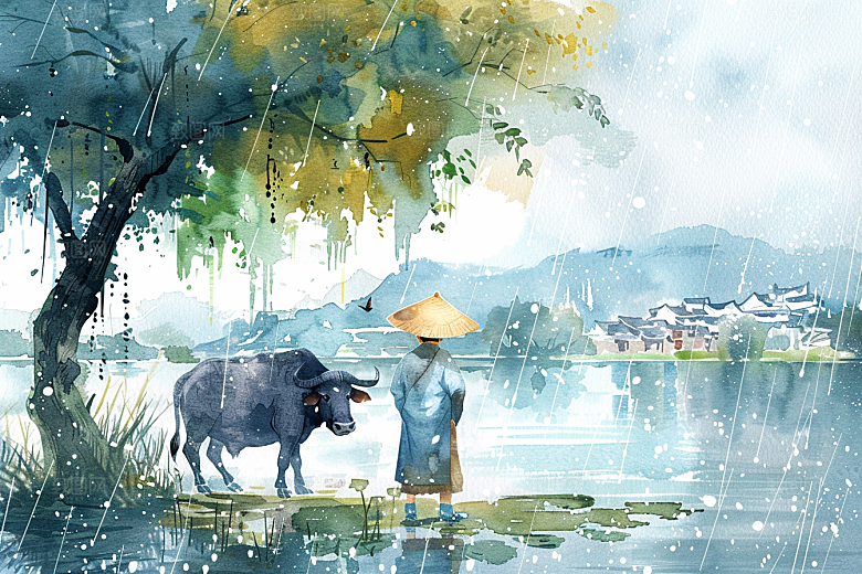 牧童骑牛田园风光水彩插画