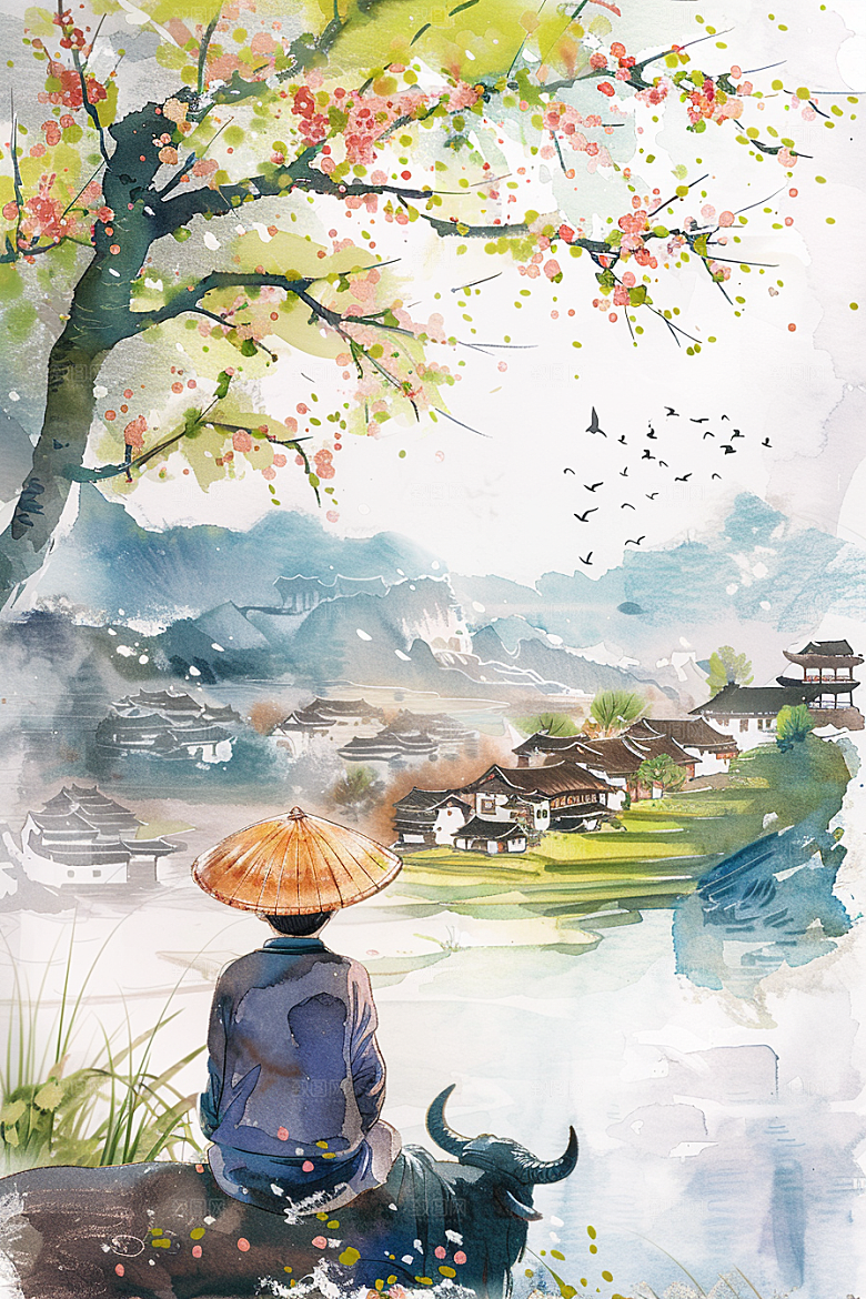 牧童骑牛艺术晕染插画