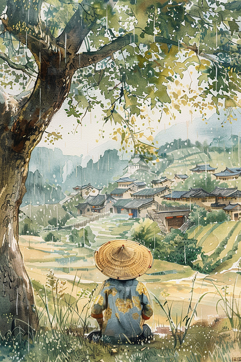 牧童骑牛晕染高清插画