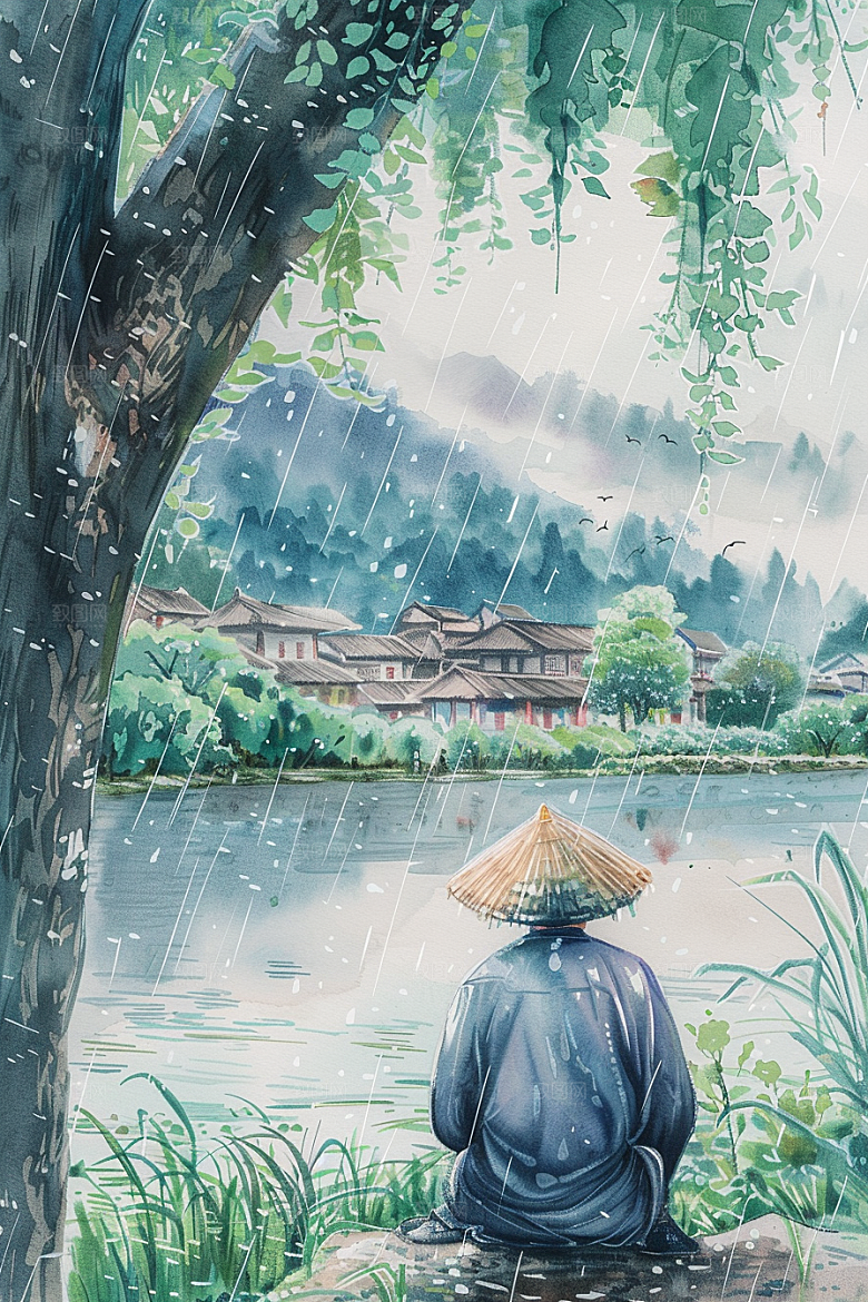 牧童骑牛田园风光笛声悠悠插画