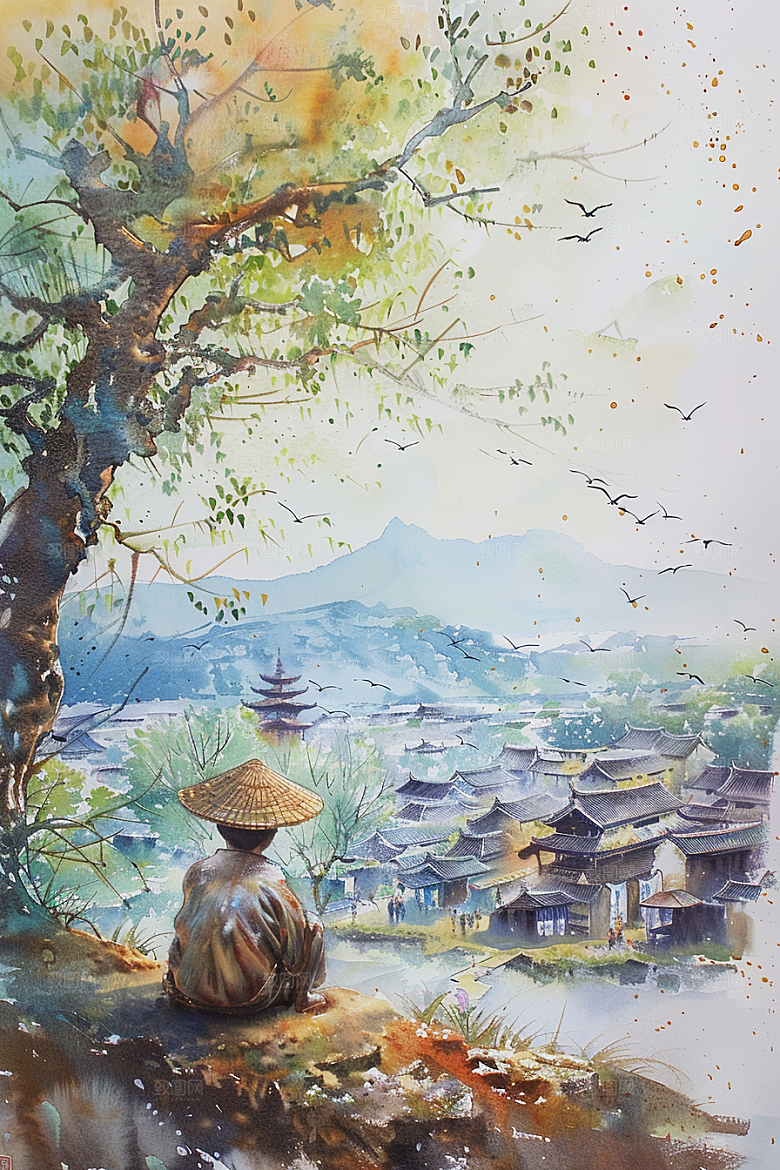 牧童骑牛艺术水彩插画