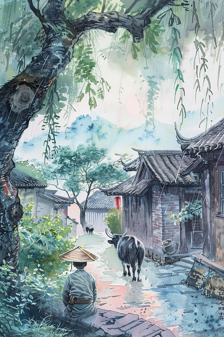 牧童骑牛田园风光水彩插画