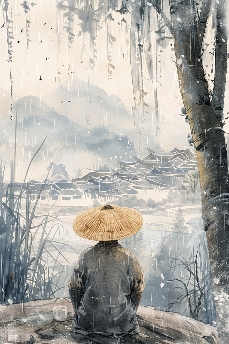 牧童骑牛晕染笛声悠悠插画