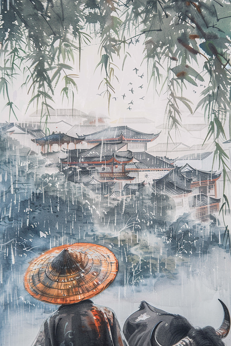 牧童骑牛笛声悠悠清明节插画