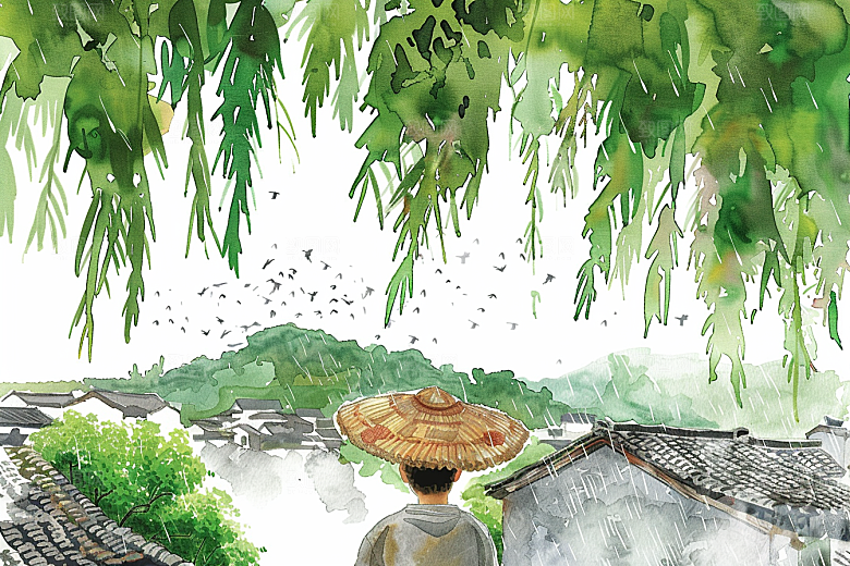 牧童骑牛田园风光水彩插画