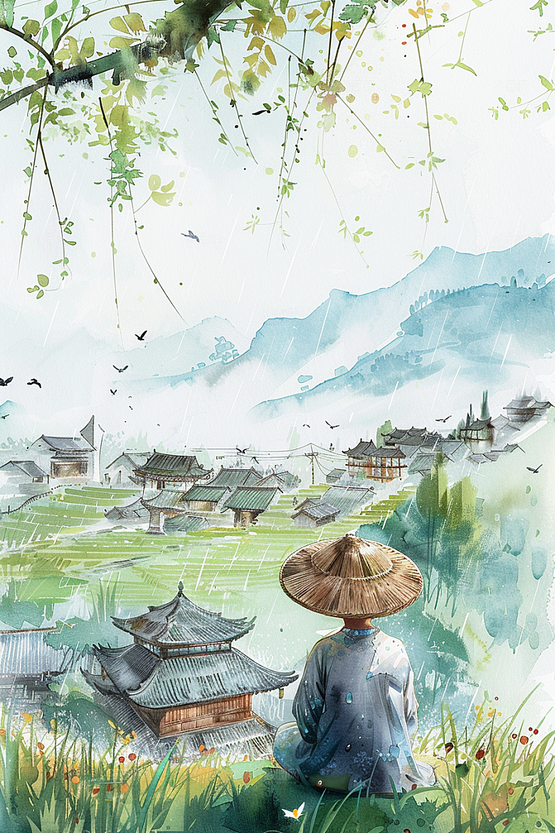 牧童骑牛水彩笛声悠悠插画