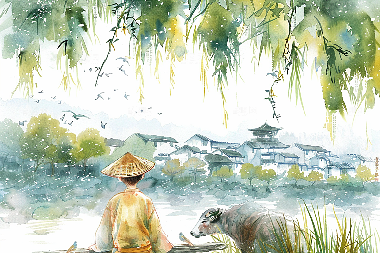 牧童骑牛高清艺术插画