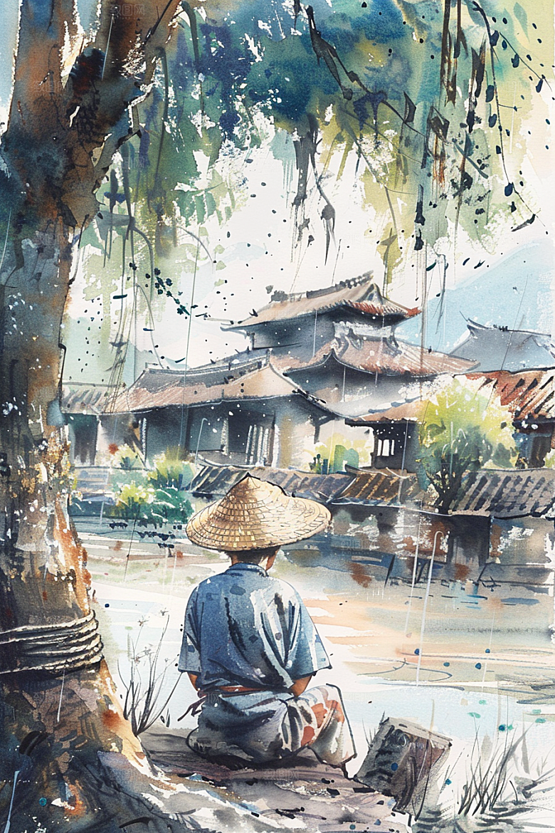 牧童骑牛水彩高清插画