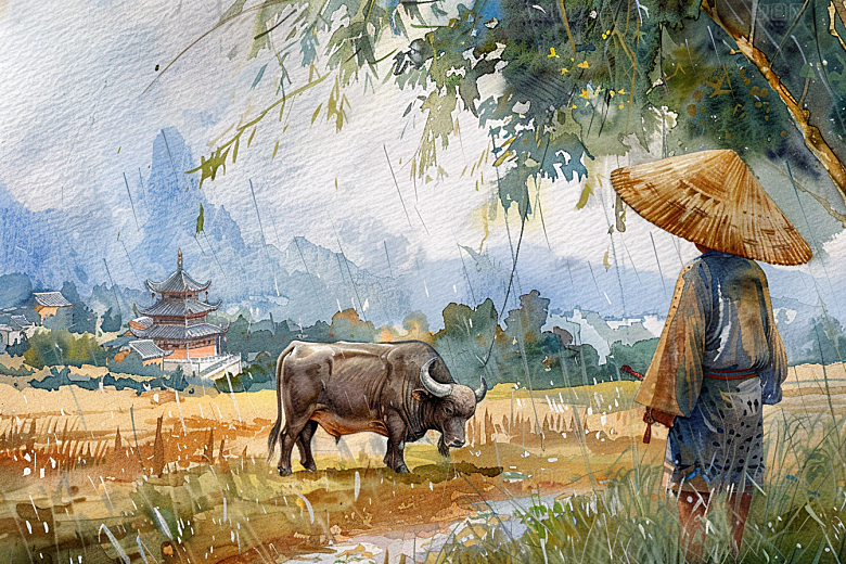 牧童骑牛手绘晕染插画