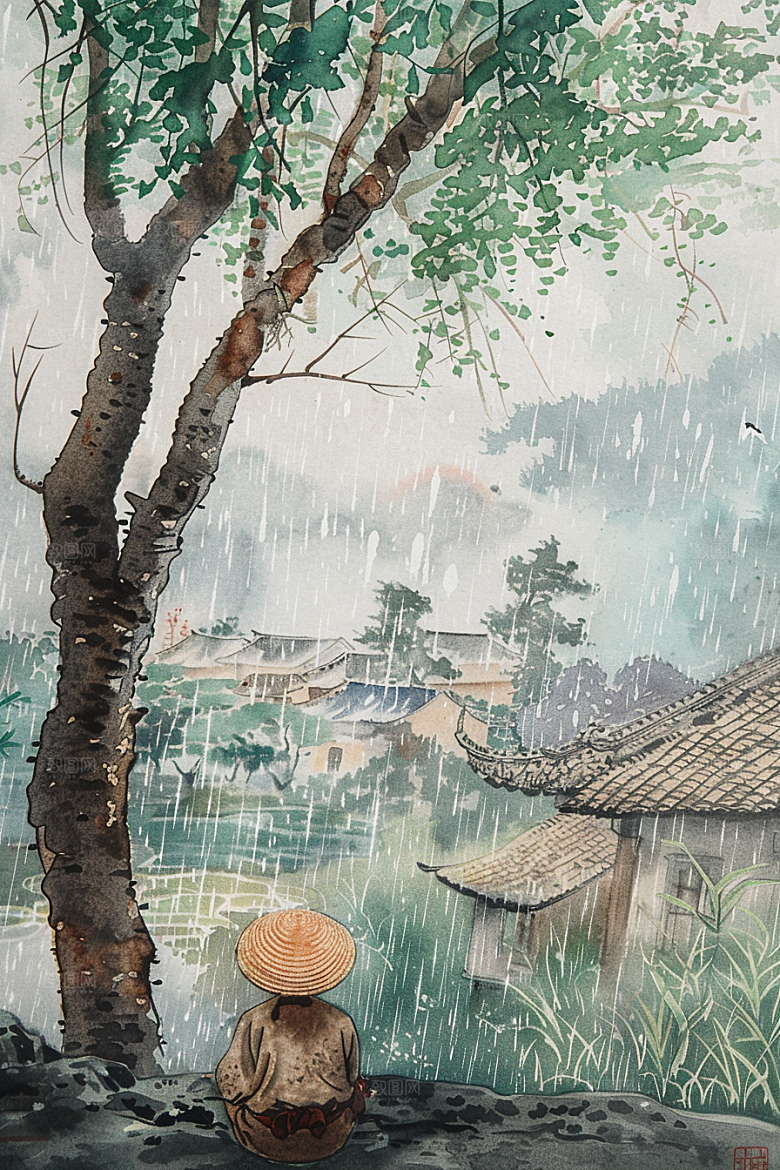 牧童骑牛清新水彩插画