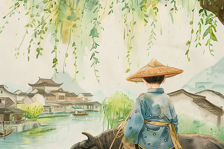 牧童骑牛吹笛手绘插画
