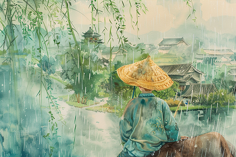 牧童骑牛笛声悠悠清明节插画