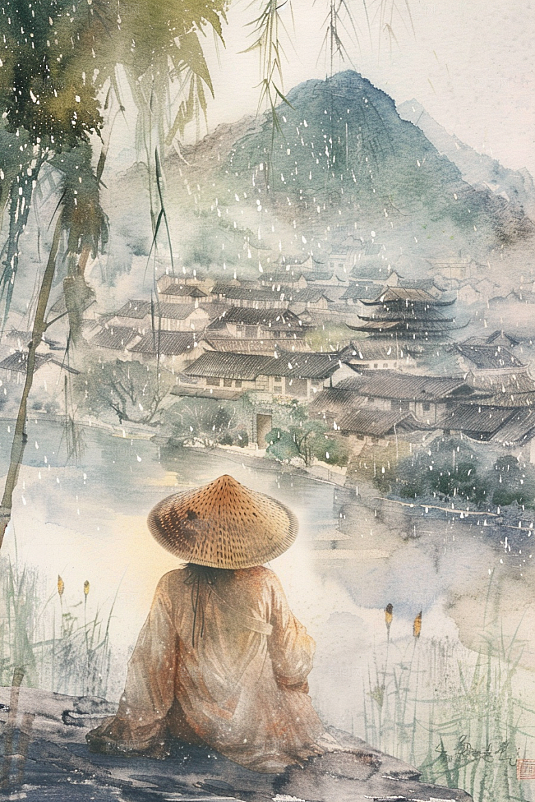 牧童骑牛晕染高清插画