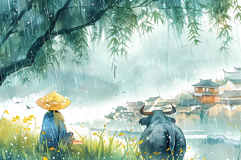 牧童骑牛晕染清新插画