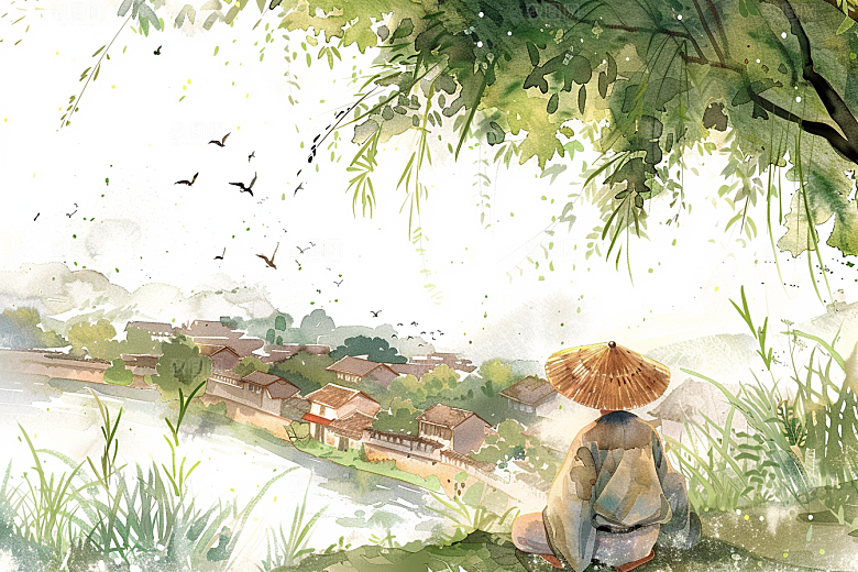 牧童骑牛艺术笛声悠悠插画