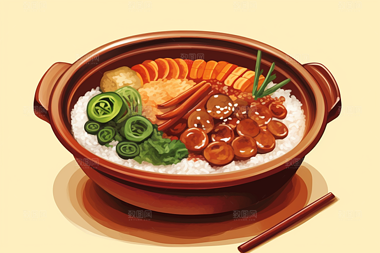 木桶饭热气腾腾煲仔饭插画