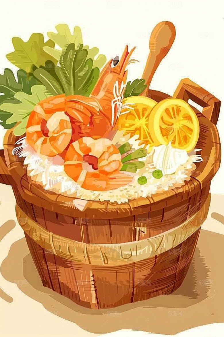 木桶饭手绘菜饭插画