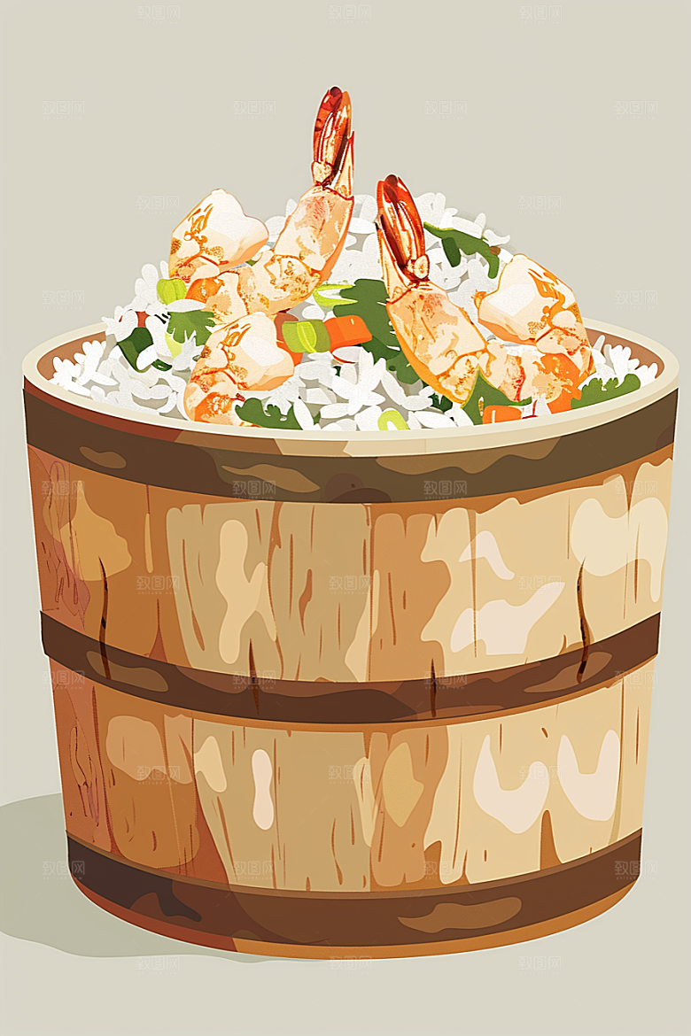 木桶饭菜饭手绘插画