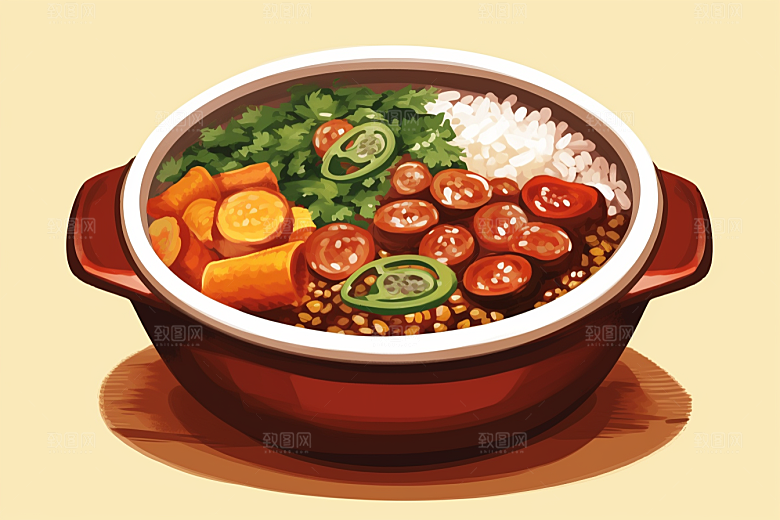 木桶饭菜饭煲仔饭插画