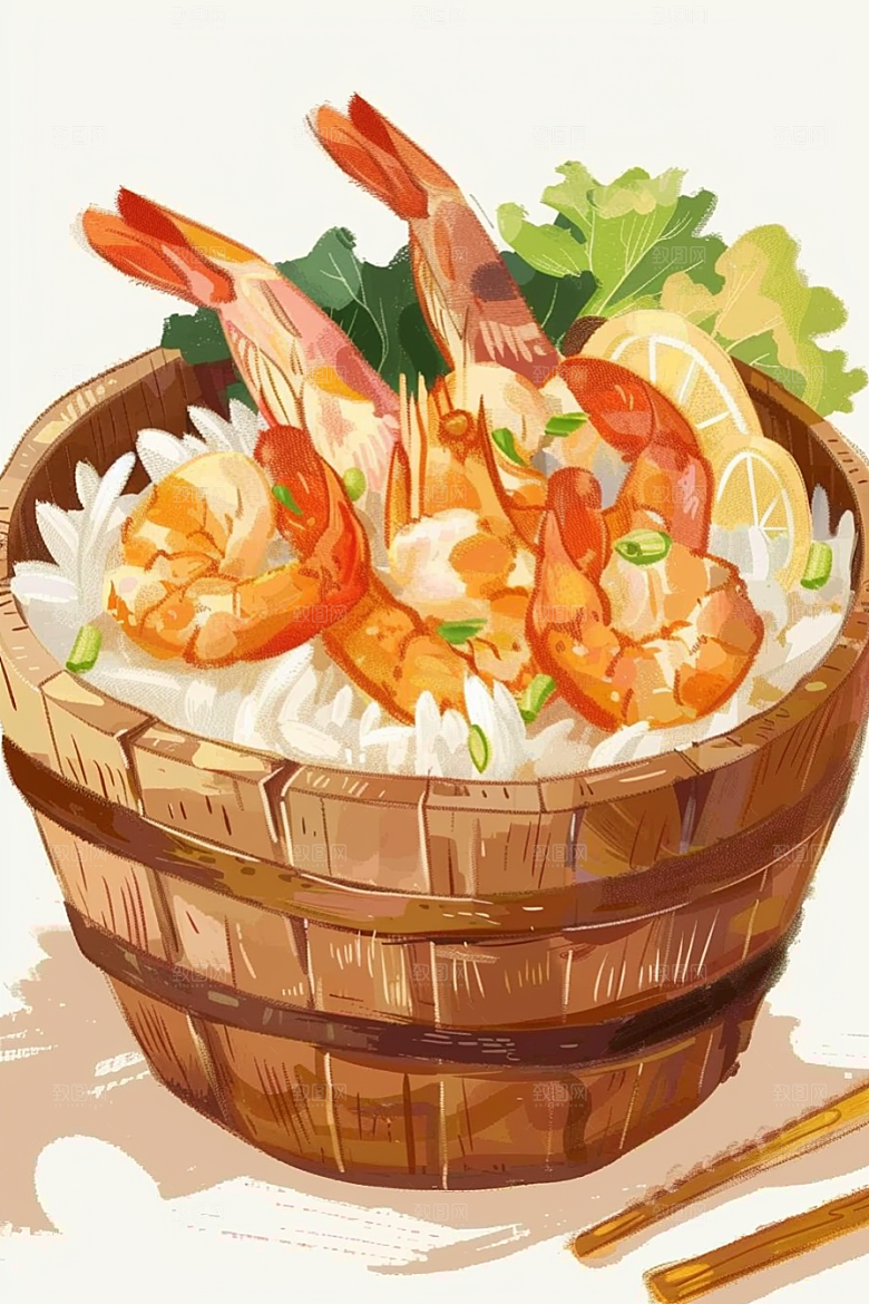 木桶饭好吃拌饭插画